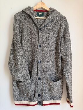 Roots Unisex Marled Grey Hooded Cardigan Sweater with Cream & Red Trim with Hood